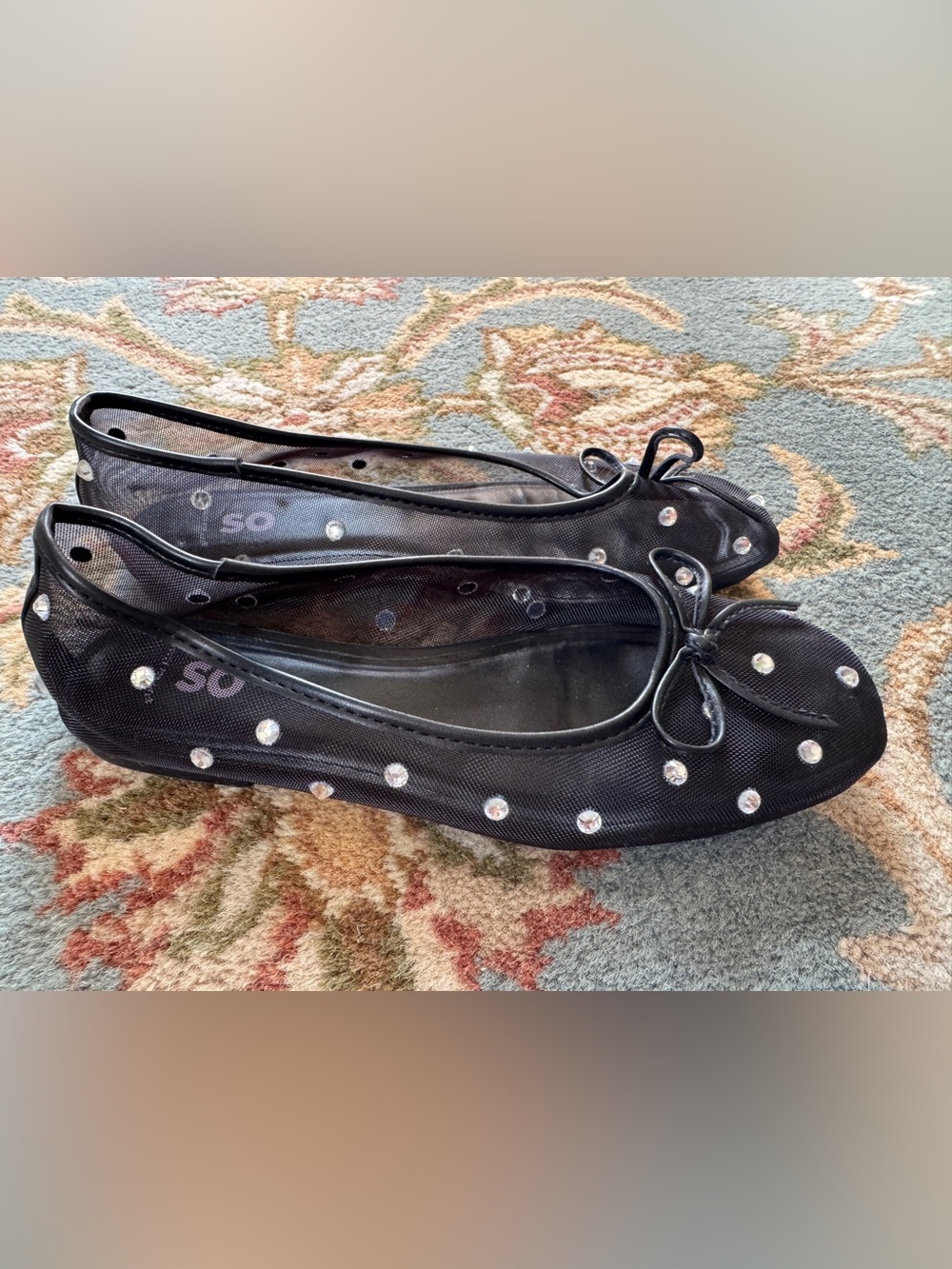 Black Embellished size 6 Mesh Ballet Flat shoes Women sparkle gem crystal deessy